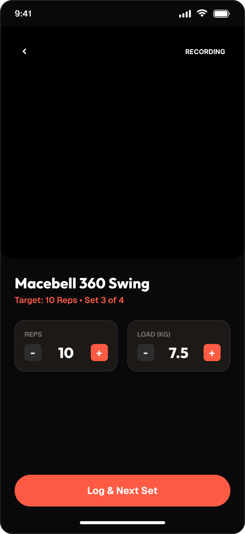 The workout player mid-session, recording reps and load for a macebell swing.